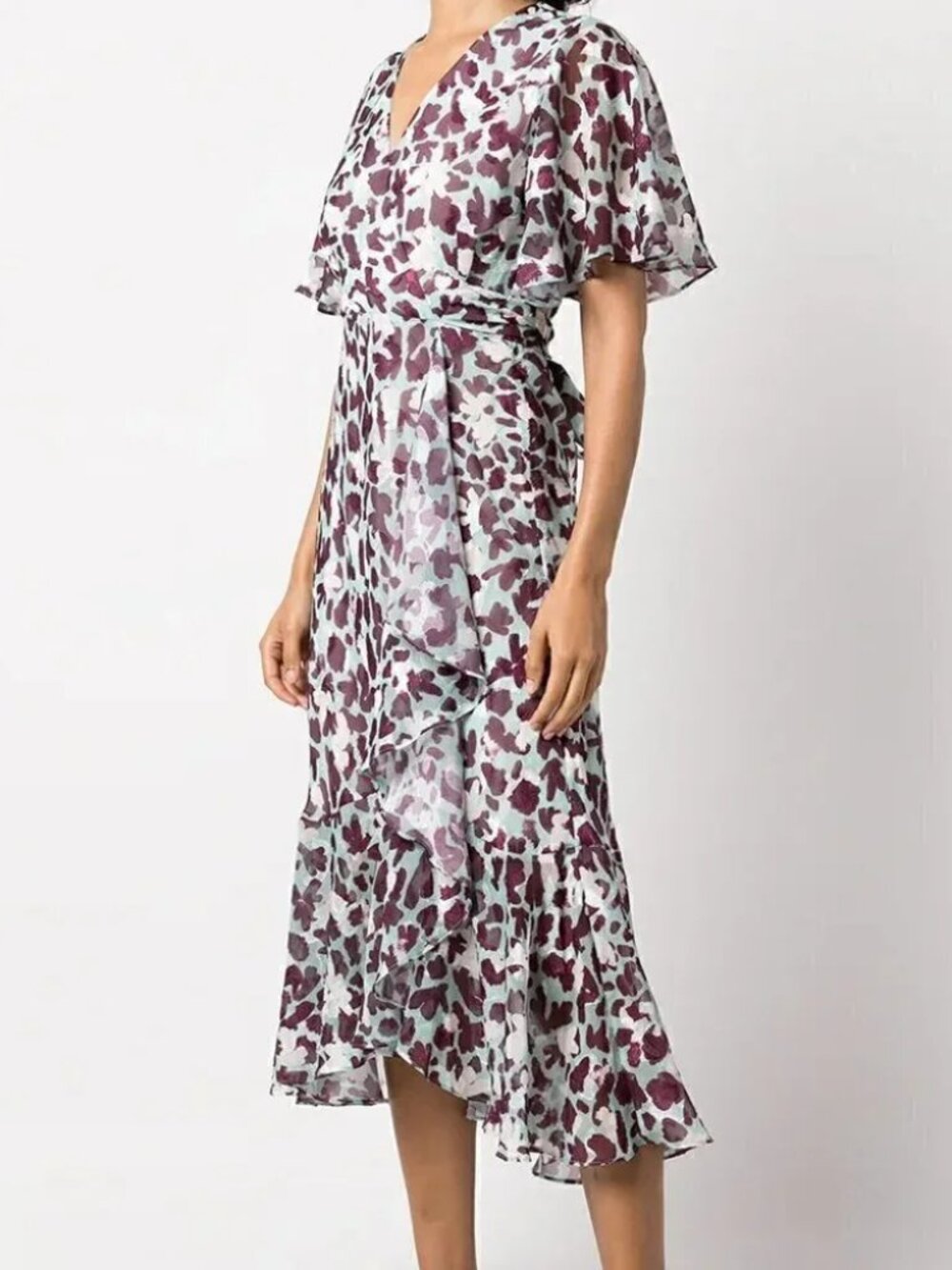 Tanya Taylor Blaire Floral Wrap Leopard-Print Short-Sleeved Midi Dress Sz 8